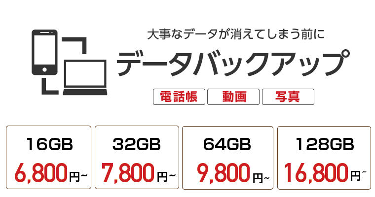 データバックアップ　16GB（5,800円～）32GB（6,800円～）64GB（8,800円～）128GB（16,000円～）