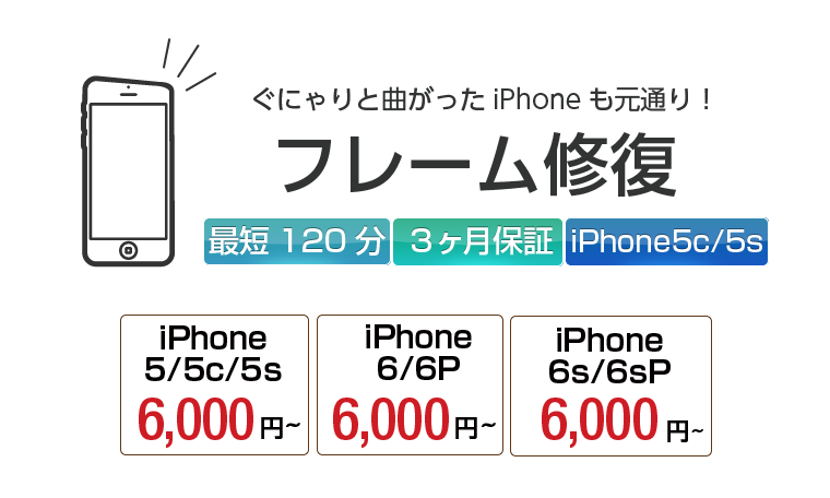 フレーム修復 iPhone4（6,500円～）iPhone5（9,000円～）iPhone5c/5s（12,000円～）